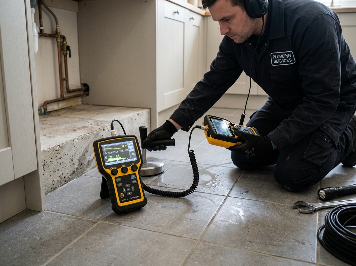 Plumbing technician compiling slab leak insurance documentation and inspection report in Lake Charles